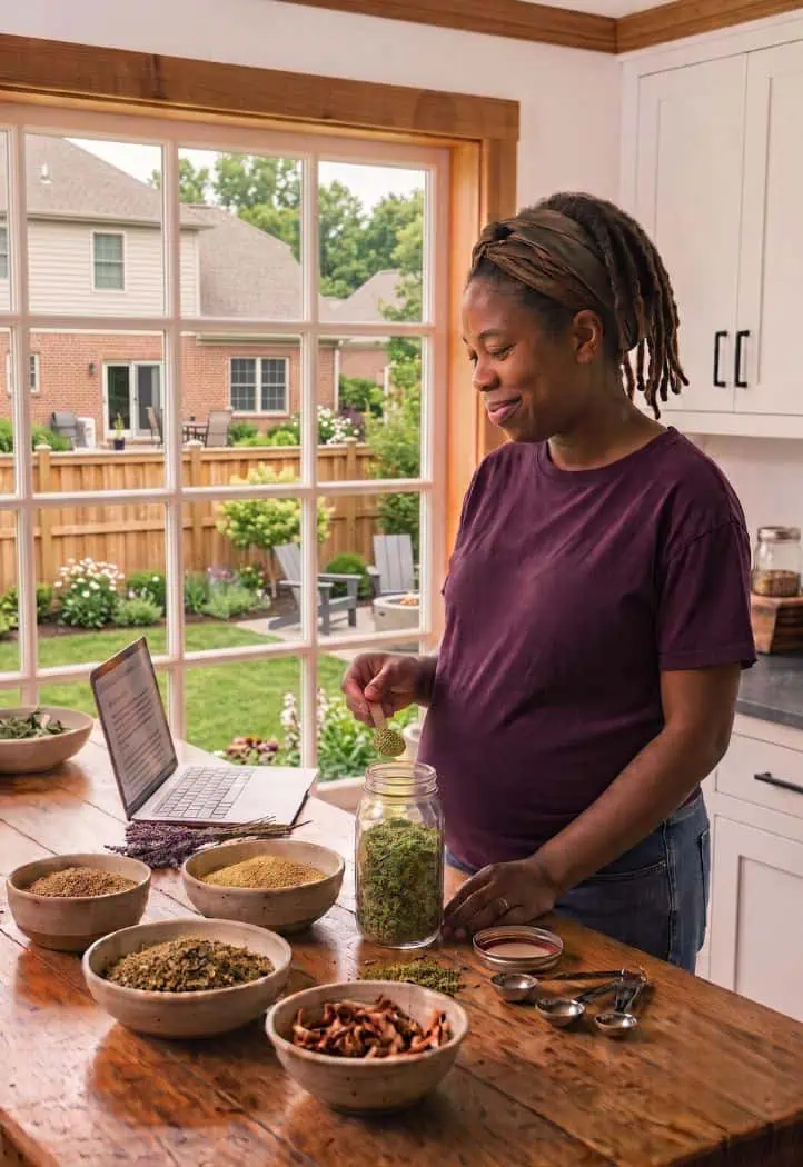 Pregnant woman preparing herbal blends in bowls at her kitchen counter while following along with online course